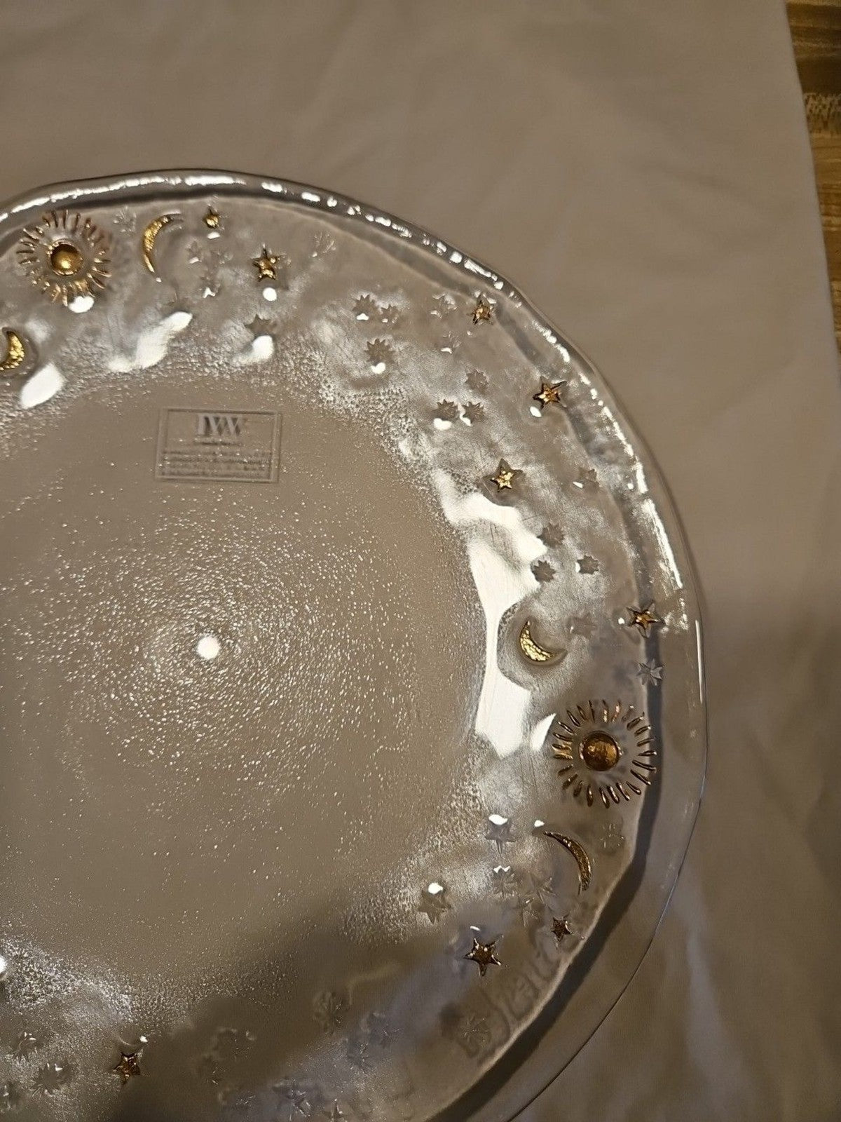 IVV Hand Painted Clear Glass Celestial Moon, Stars, Sun Plate 13.5" Gold Accents