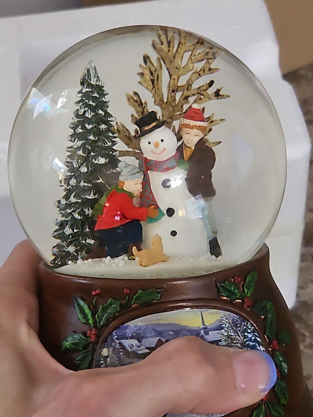 Musical Roman Snow Globe Snowman Scene  Plays We Wish You a Merry Christmas