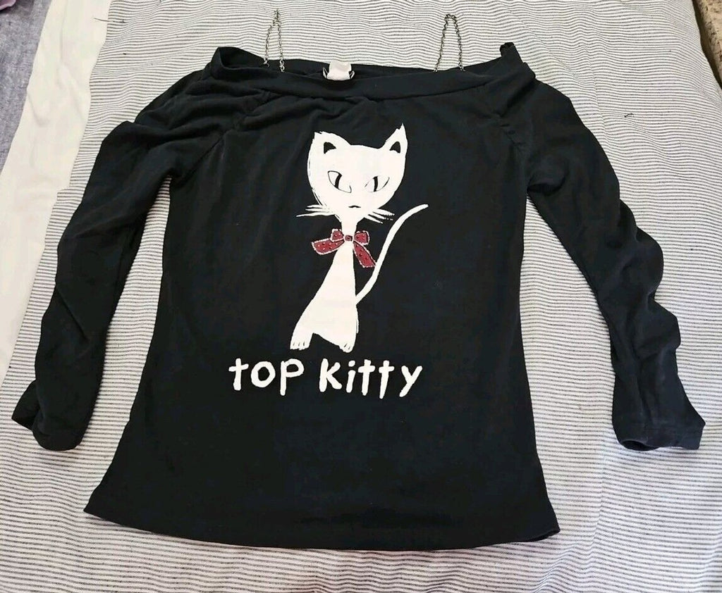K Scion Goth Look Off Shoulder Rouched Sleeves Chain Detail Top Kitty Cat Sz M