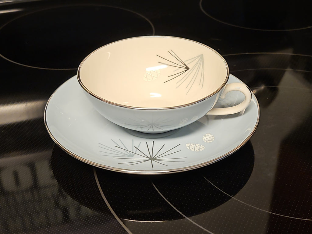 Vintage MCM Franciscan Silver Pine Tea Cup & Saucer Set Atomic Pine Near Mint