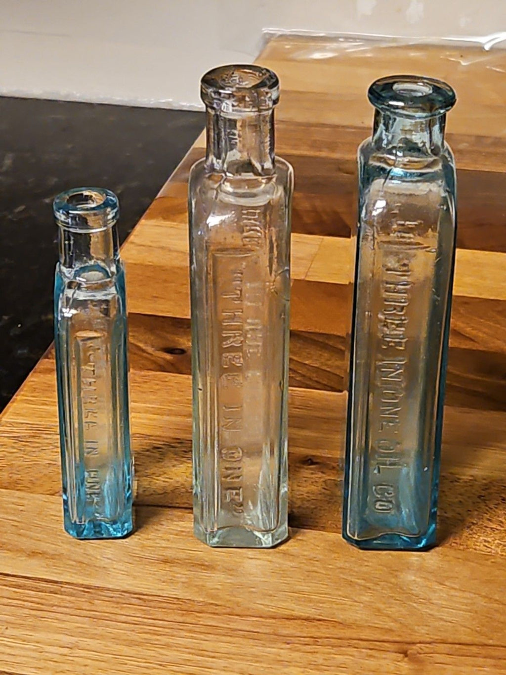 Set Of 3 Sec Gen 1900's Antique Three In One 3 in 1 Oil Co Blown Glass Bottles