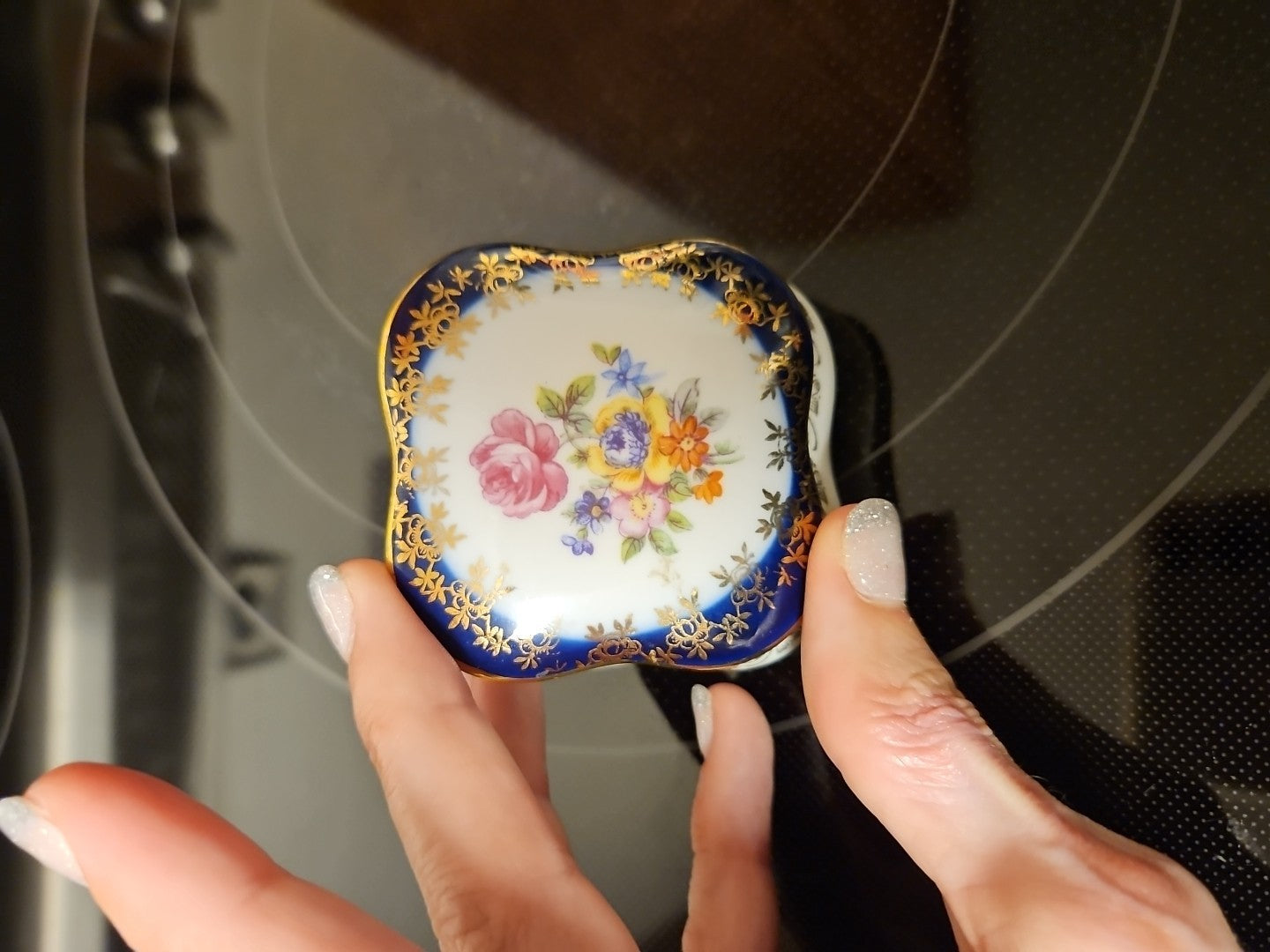 Hand Painted Porcelain Cobalt Blue German Floral Trinket Box Gold Detail