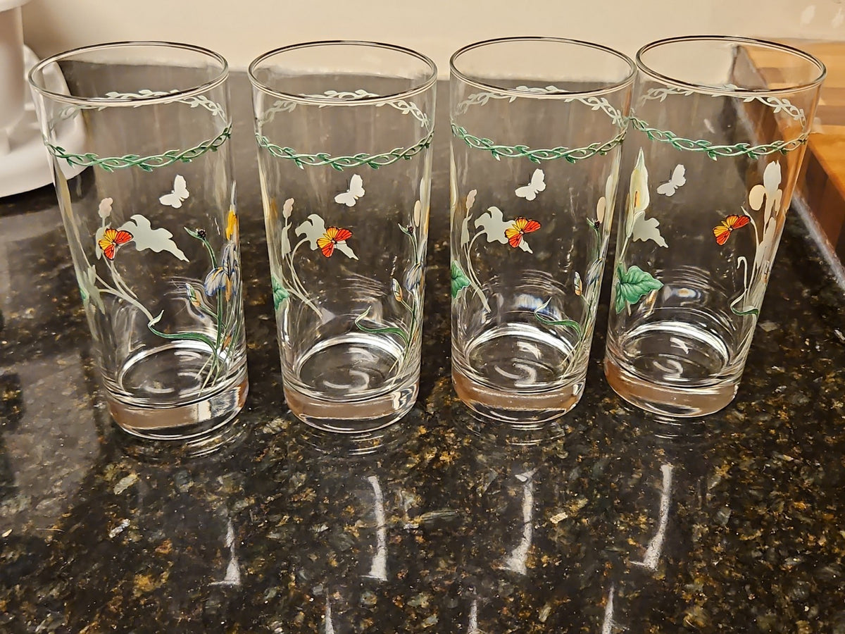 Set of 4 Vintage Floral Highball Tumbler Glasses Blue Iris & White Calla Lily