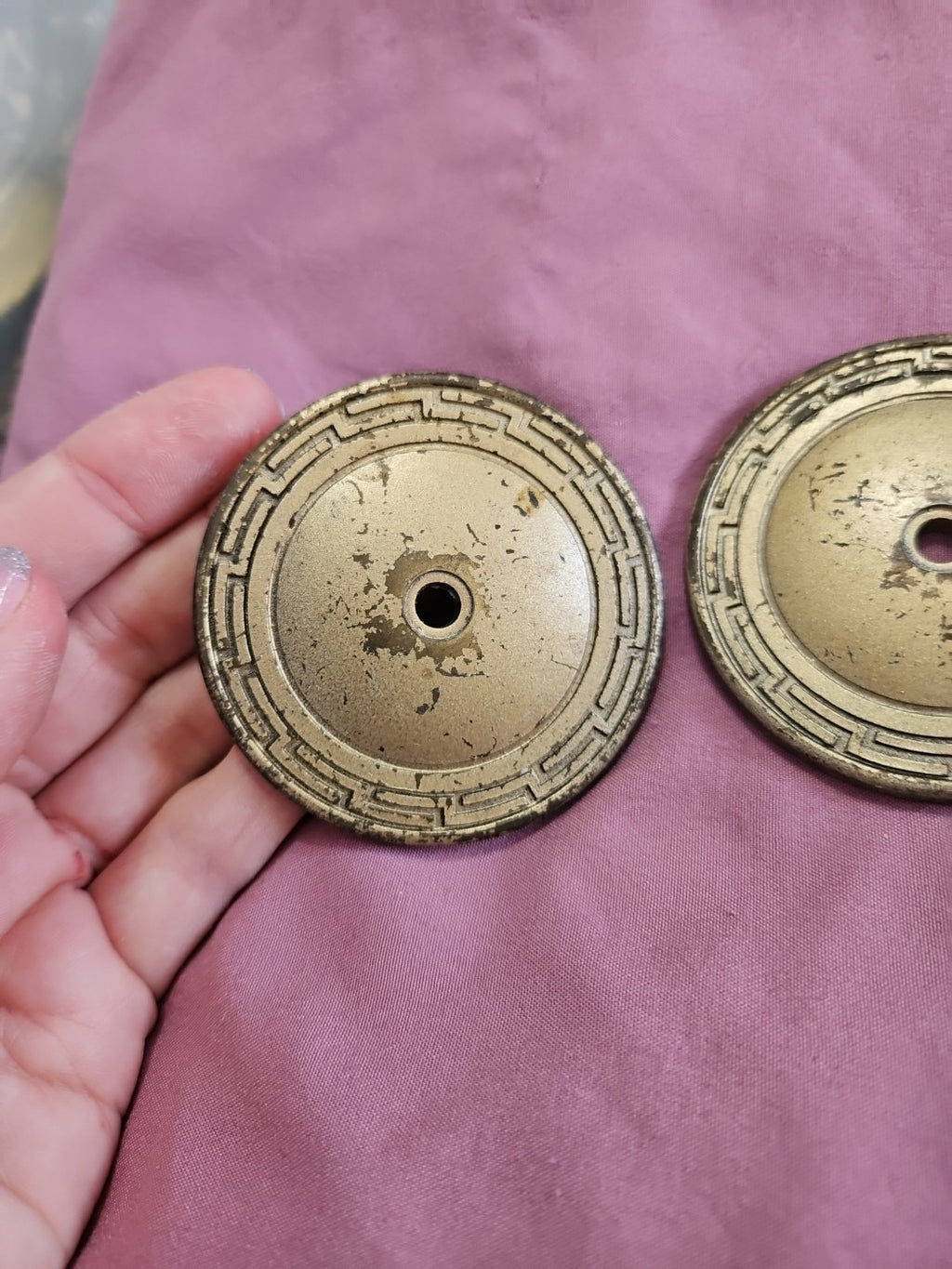 #156 Allison Japan Grecian Door Knob Backplate Brass On Zinc 2.5” Lot of 2