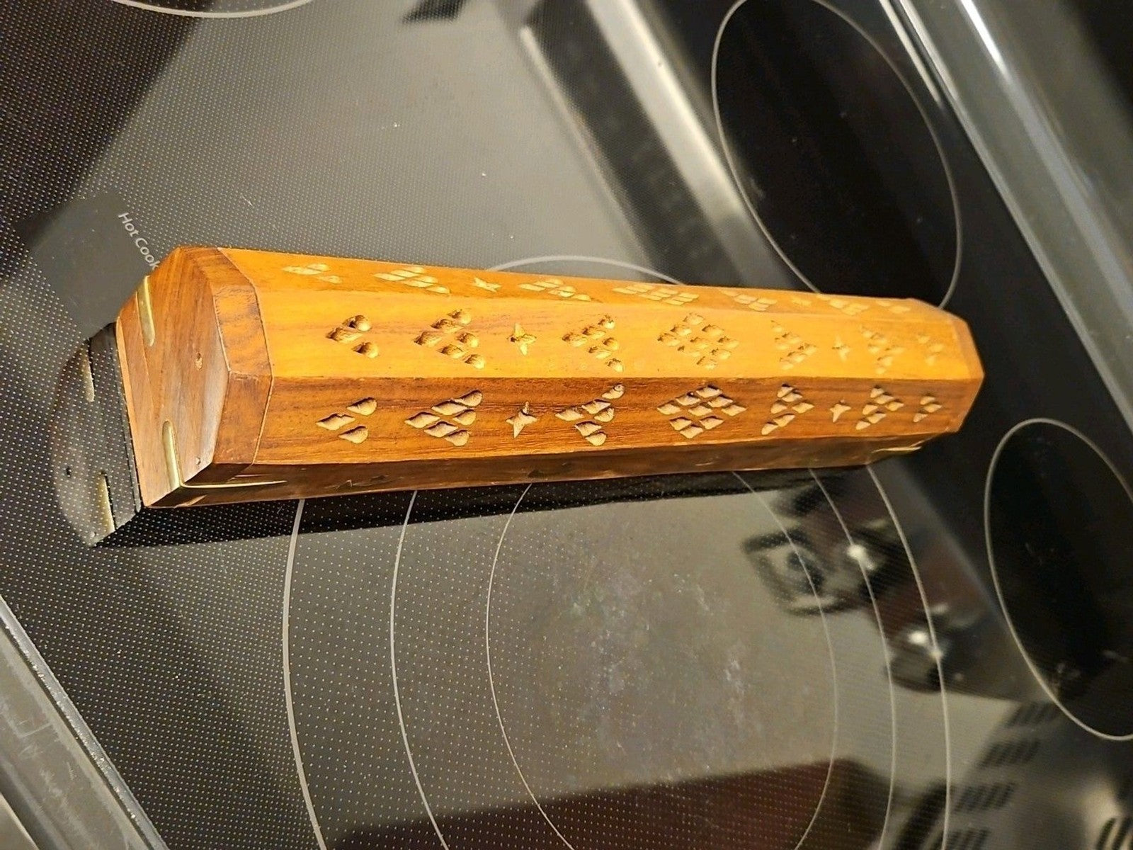 Vintage Wooden Incense Holder Brass Inlaid Stars & Moon w/ Hidden Compartment