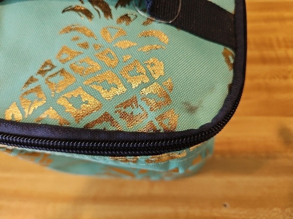 Cosmetic Case Canvas NGIL Teal with gold Pineapples, Navy Accents, Never Used