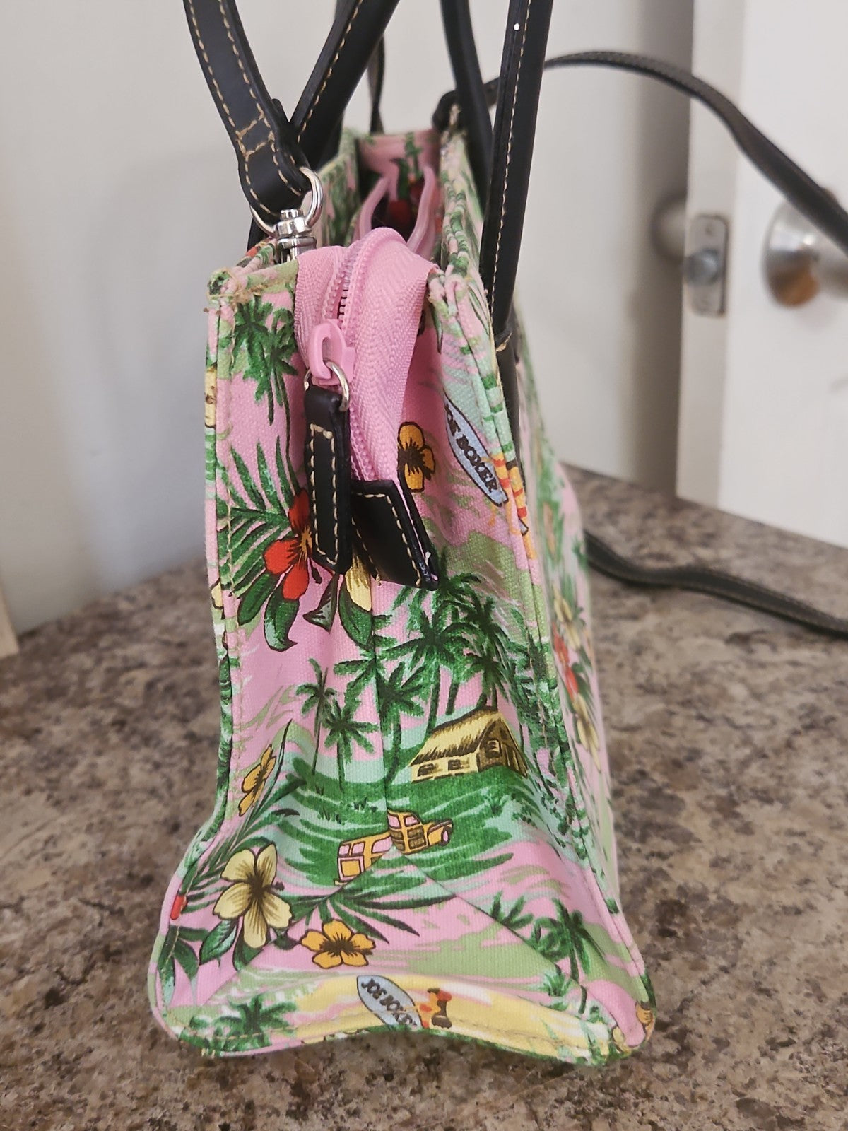 Vintage Y2K Joe Boxer Hawaiian Beaded Canvas Handbag Purse Pink Tropical Print