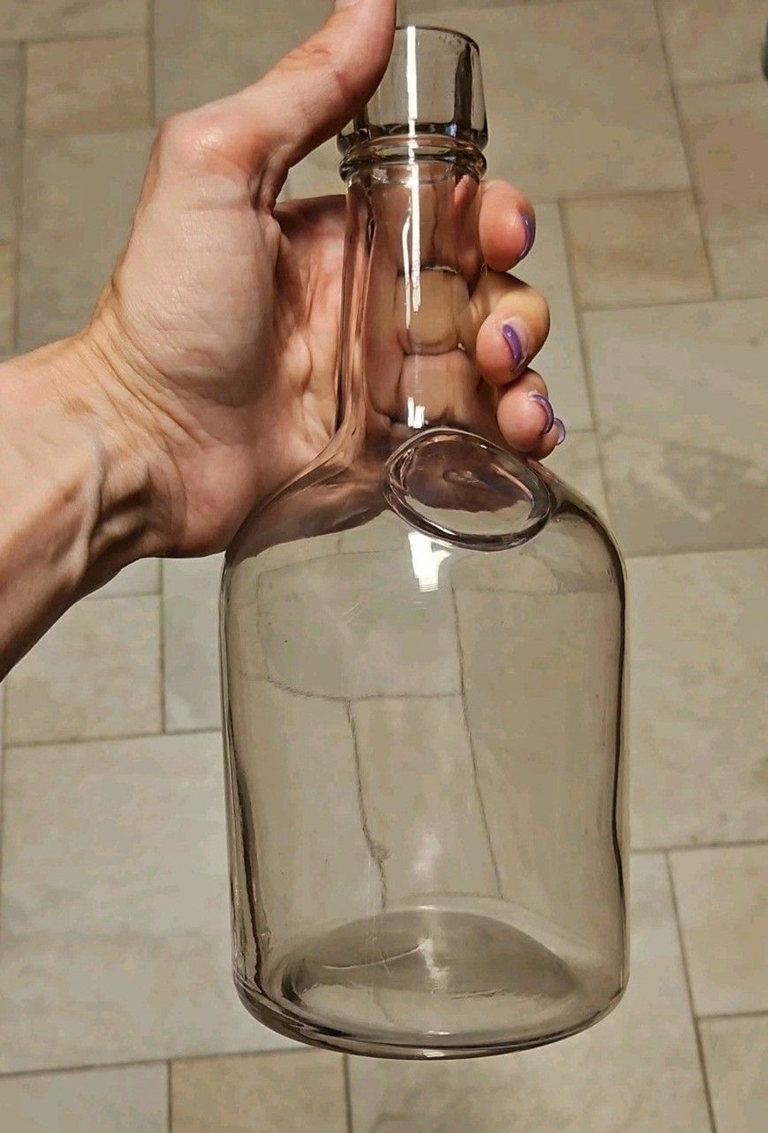 Antique 1890's Clear Glass Blown Liquor Bottle 9" Manganese Purple Grey Tint