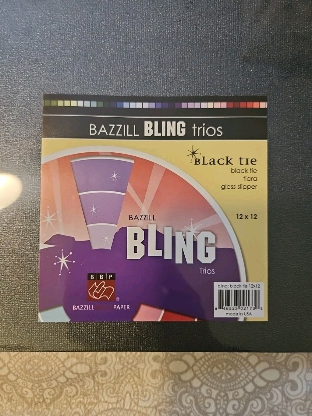 NIP Cardstock Paper Bazzil Bling Trio Black Tie/Glass Slipper/Tiara 12" x 12"
