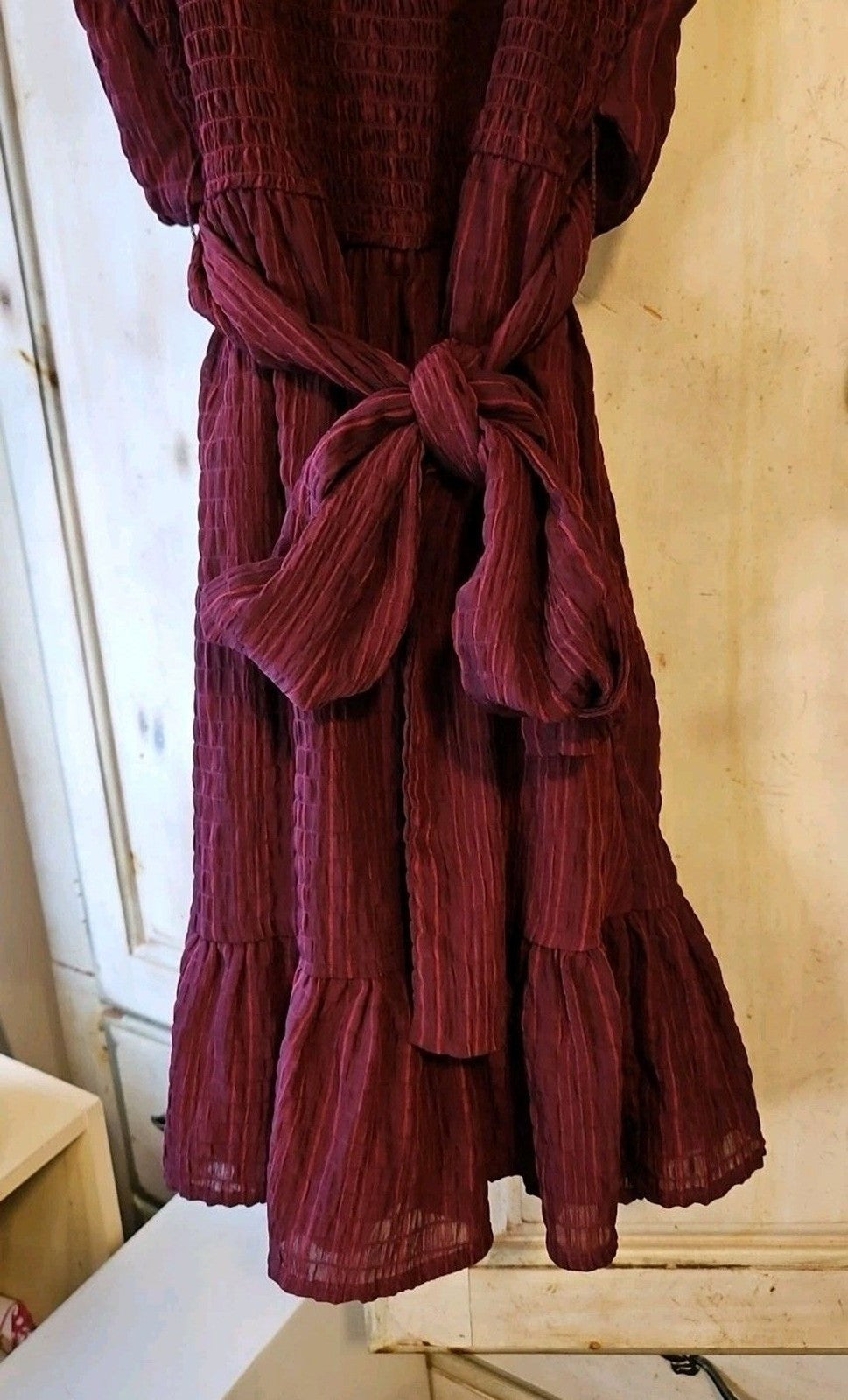 Altar'd State Burgundy Mini Dress, Sz M, Puffed Sleeves, Tie Back, Ruffle Hem