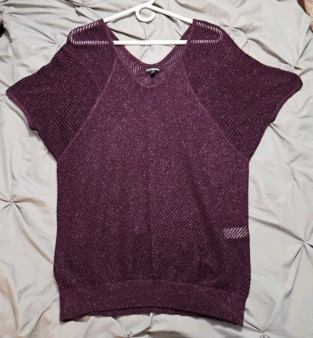 Express Womens Sz M Purple Metallic Hollow Knit V-Neck Long Sweater Tunic