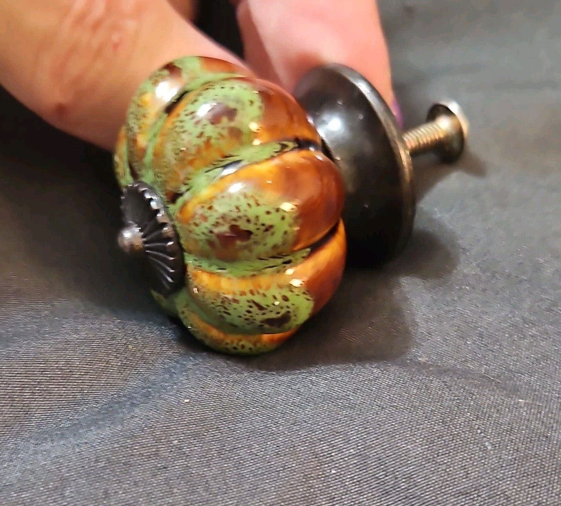 1.5" Ceramic Pumpkin Cabinet Knob Drawer Pull Brown & Green