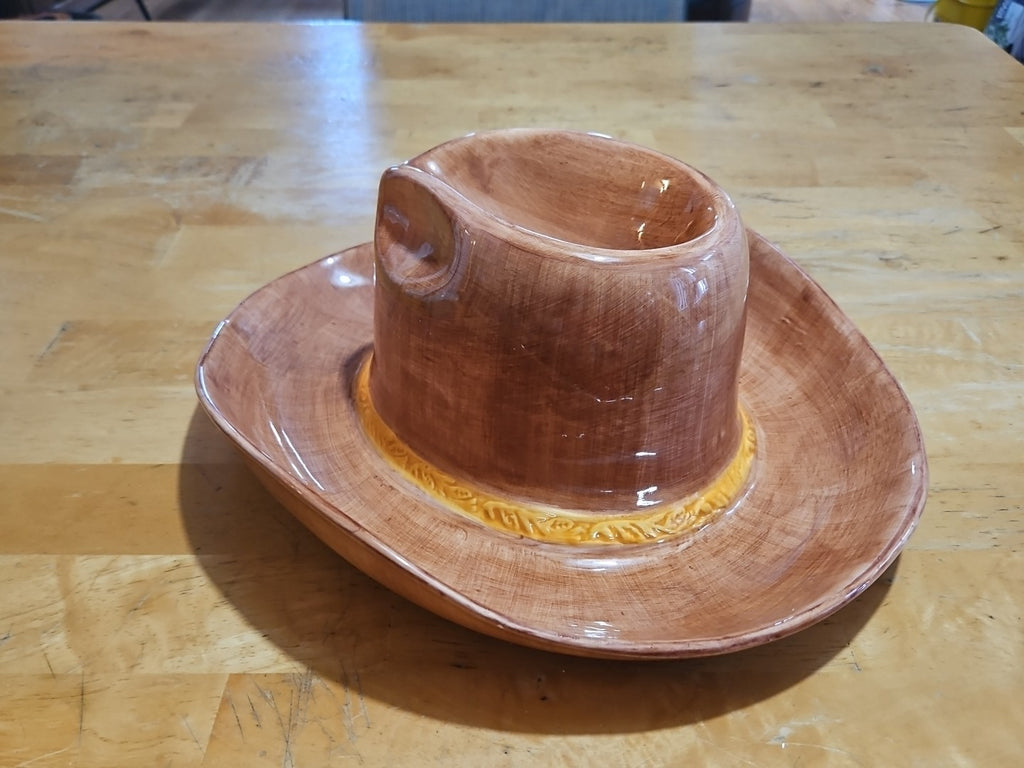 Vintage 1993 Boston Warehouse Trading Cowboy Hat Ceramic Chip & Dip Tray Mint