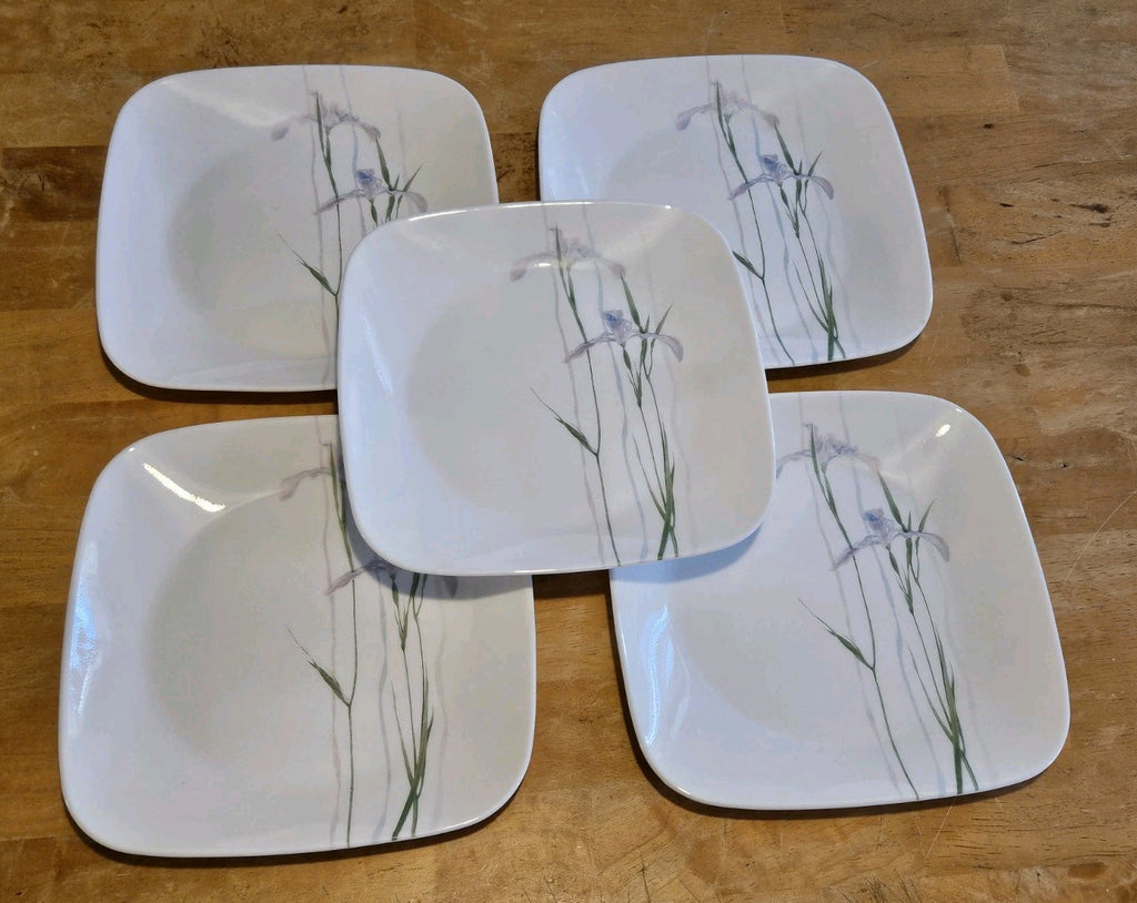 Set of 5 Corelle Vitrelle Square Shadow Iris Luncheon Plates 9" Salad Plates EUC