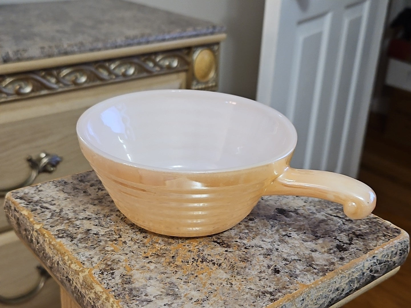 Vintage Anchor Hocking Fire King Peach Lusterware Handled Soup Bowl