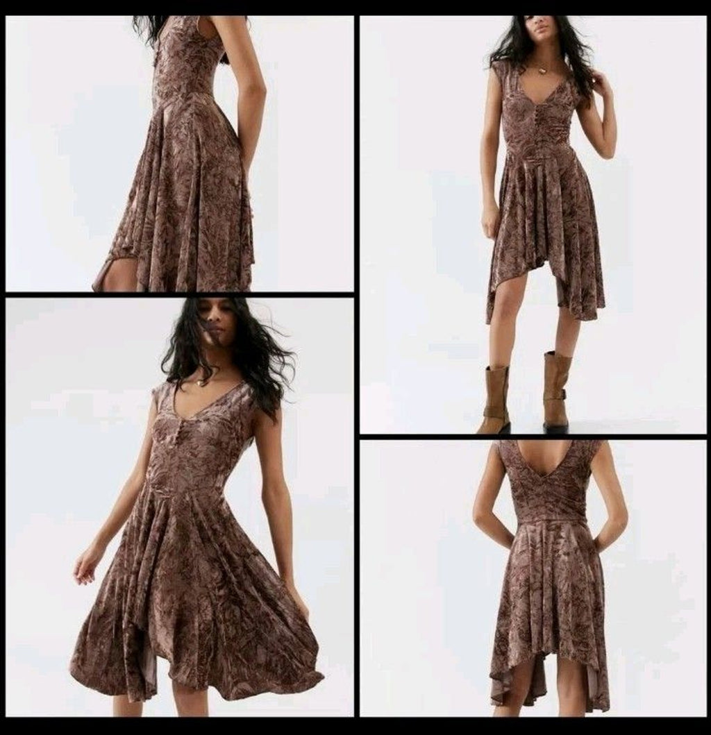Silence + Noise Corina Crushed Velvet Brown Asymmetrical Button Detail Dress M