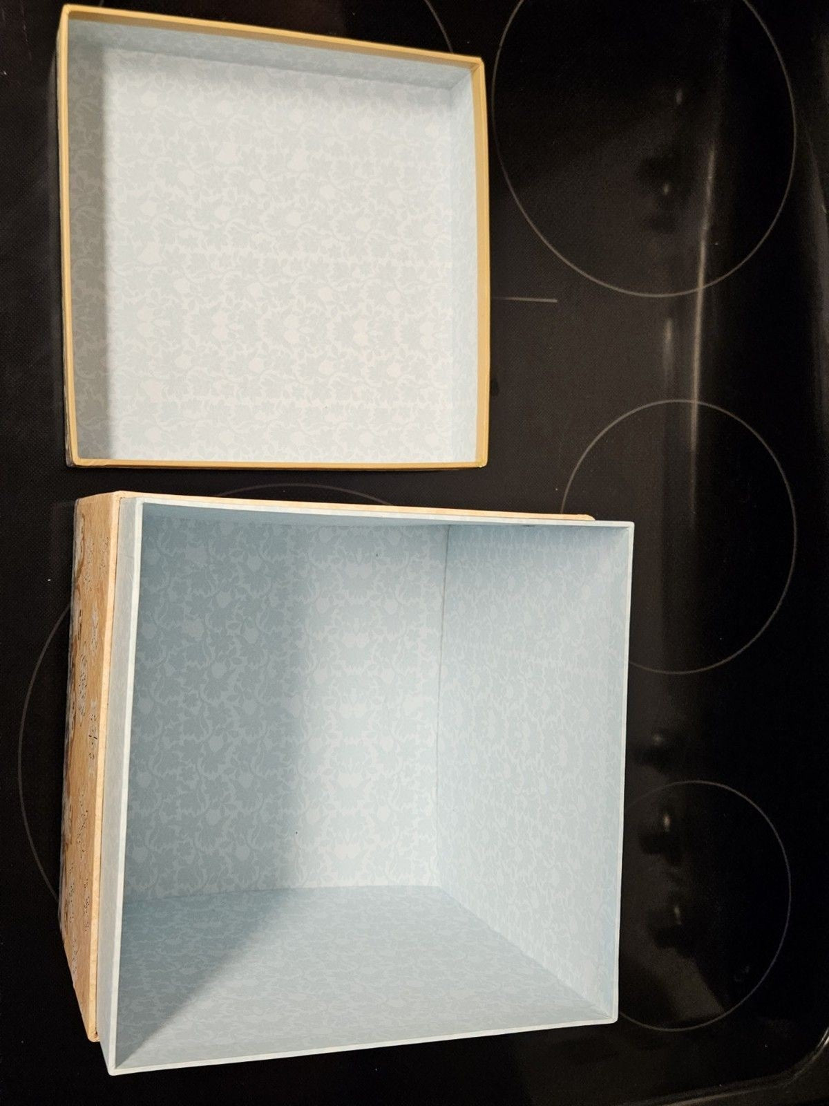 Elegant Storage Box Blue, Yellow, Silver Filigree Owl Print 9"x9"x5"