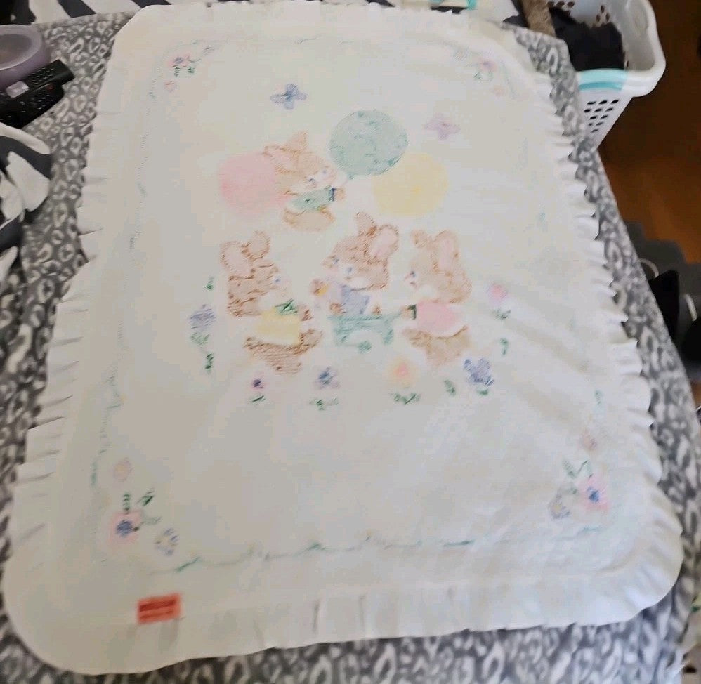 Handmade Baby Blanket Embroidered Cross Stitch Bunnies Ruffled Edge 42" X 33"
