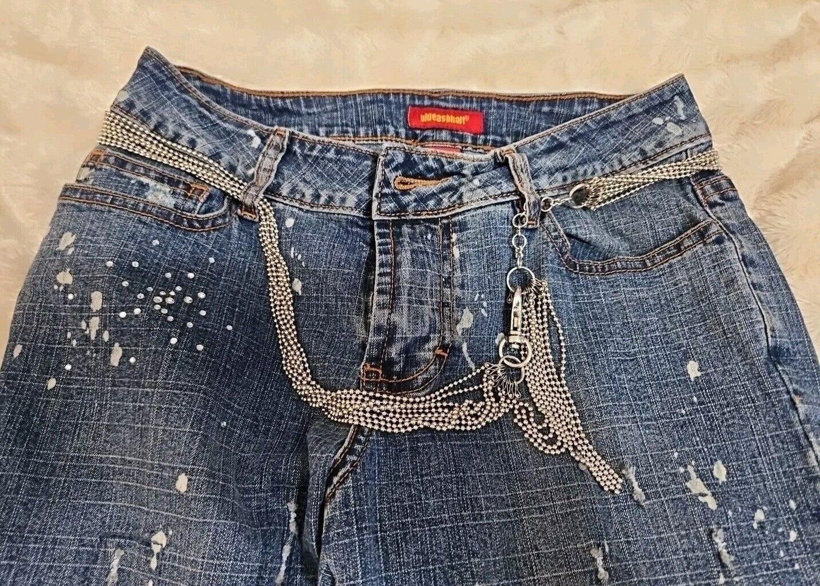 Blue Asphalt Women's Vintage Y2k Jeans Size 3 Paint / Black Lace / Chain Detail