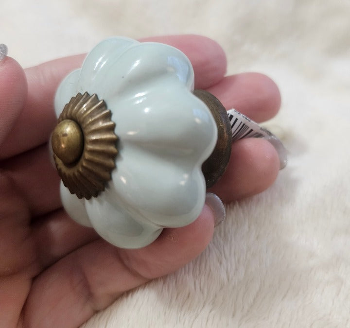 NWT Pier 1 Mint Green Porcelain Flower Brass Accent Drawer Pull Cabinet Knob 2"
