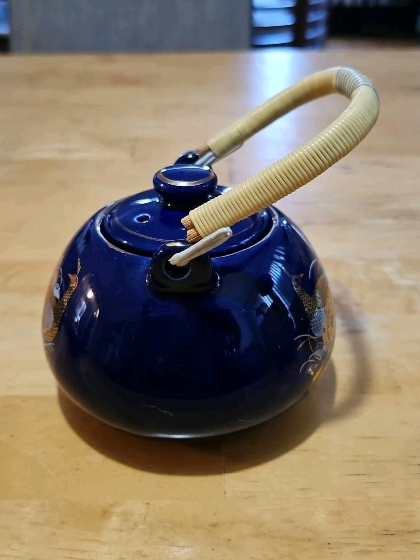 Vintage Japanese Cobalt Blue Tea Set With Gold Peacock Design - Teapot W/ 4 Cups