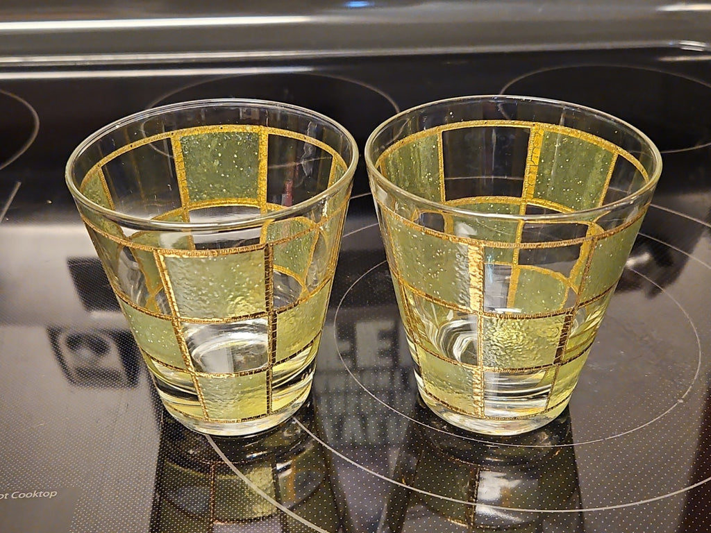 Set Of 2 Vintage Culver Prado Green 22k Gold Trim Lowball Rocks Whiskey glasses