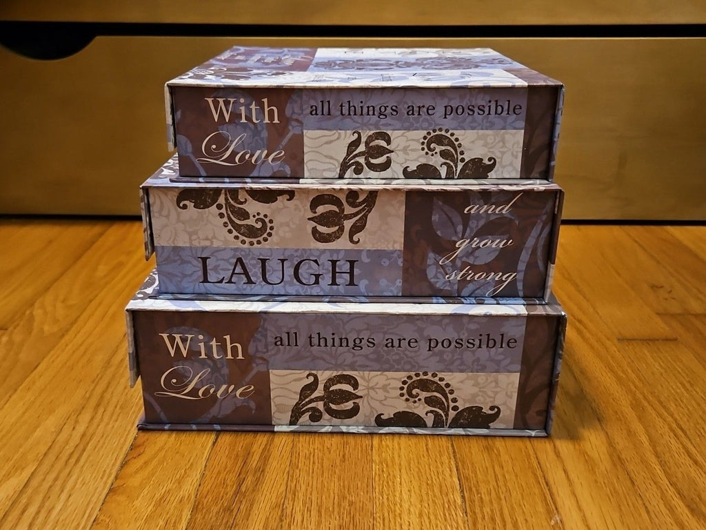 Elegant 3 Pc Nesting Storage Box Set Purple Fleur De Lis Love Laugh Happiness