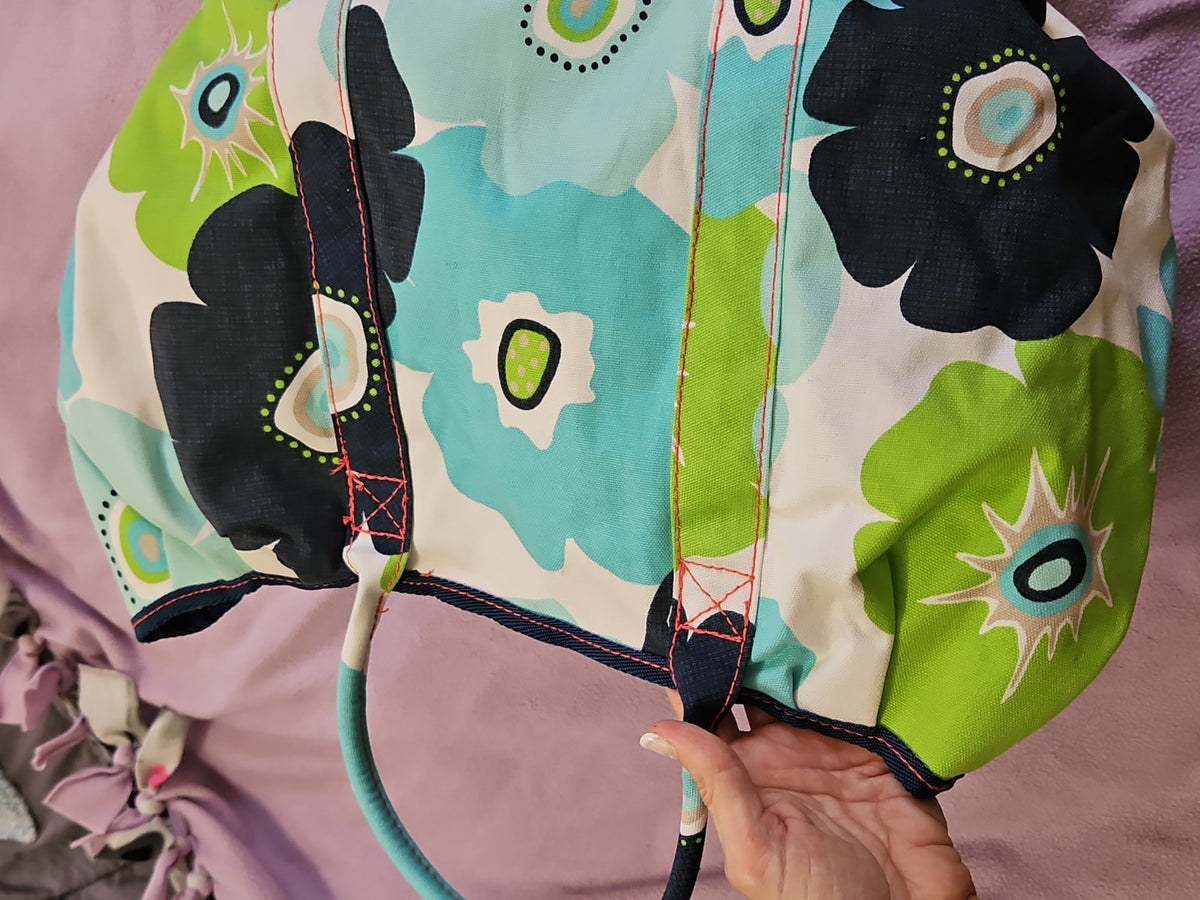 Thirty One Pleated Top Beach Tote 129 Newport Bloom Blue Green Cream 20x13x5"