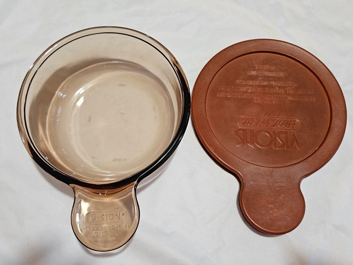 CorningWare Vision Amber Heat N Serve Grab It Bowl V-150-B w/ Red Lid