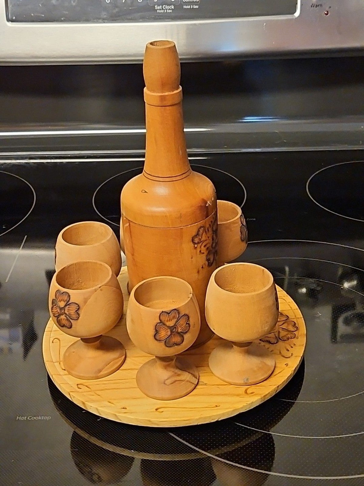 Vintage Burnt Wooden Pyrography Folk Art Decanter w\ Small Platter and 6 Goblets