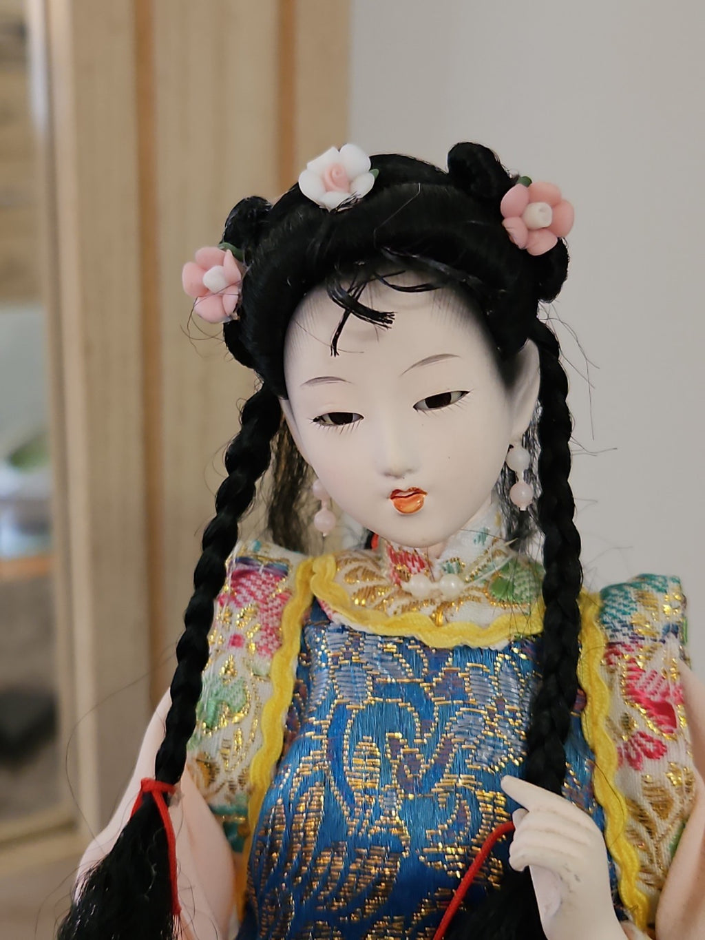 Vintage Chinese Heritage Doll Collector's Doll 10" Peach Embroidered Dress