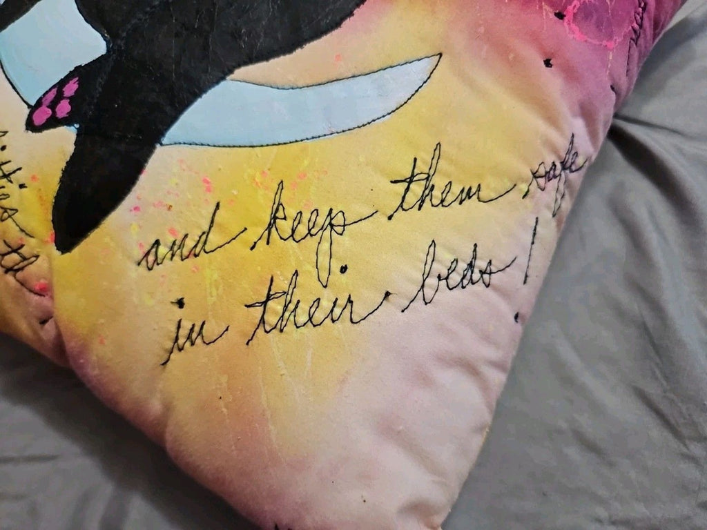 Artisan Signed Hand Painted & Embroidered Throw Pillow Colorful Cat Theme