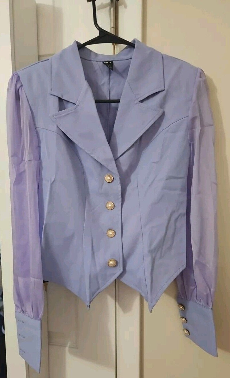 Womens Lavender Cropped Blazer XS Flared Neck Sheer Sleves Pearl Buttons NIP