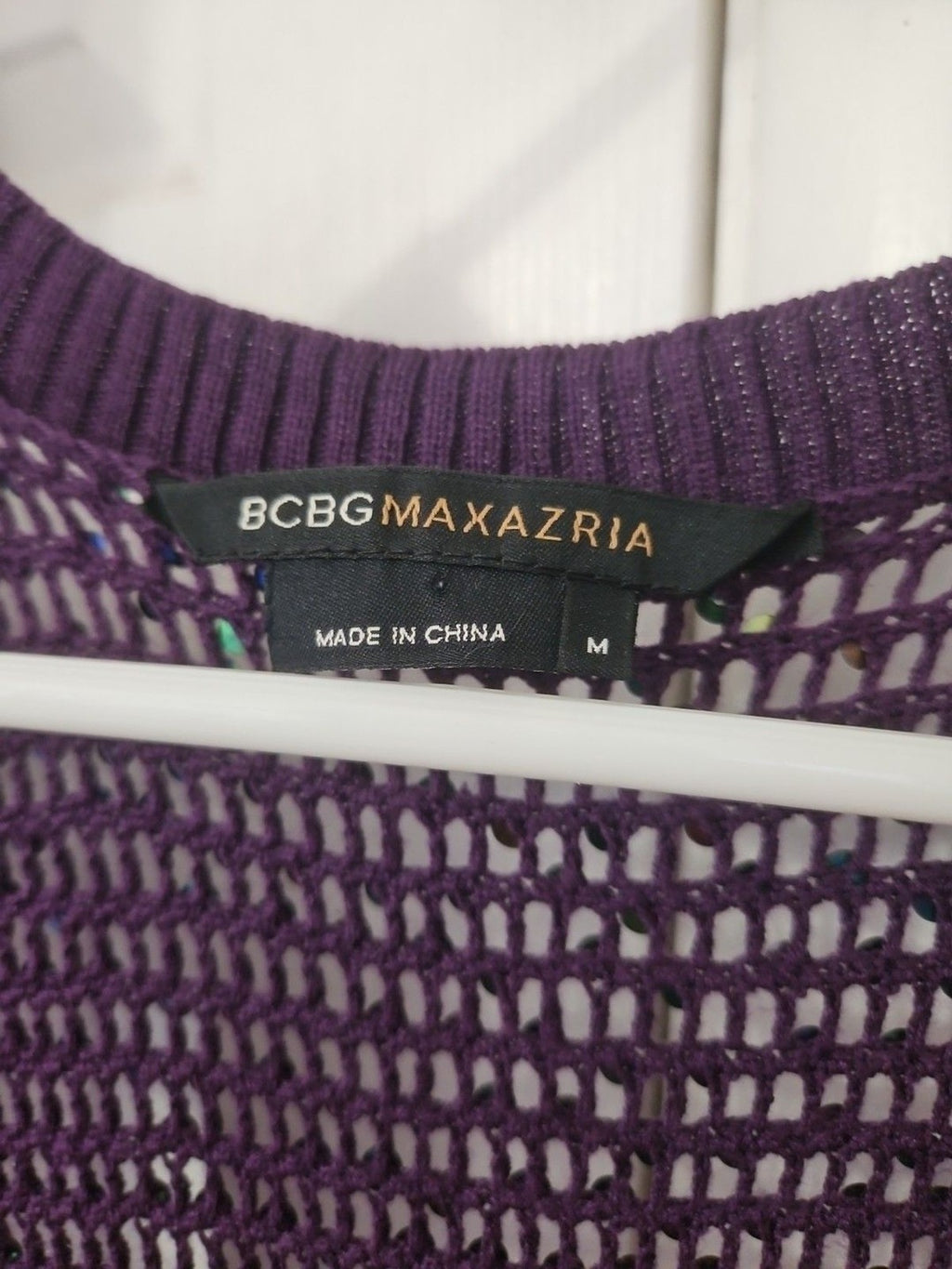 BCBGMAXAZRIA Women's 100% Silk Purple Knit Shrug With Blue Sequins Size M