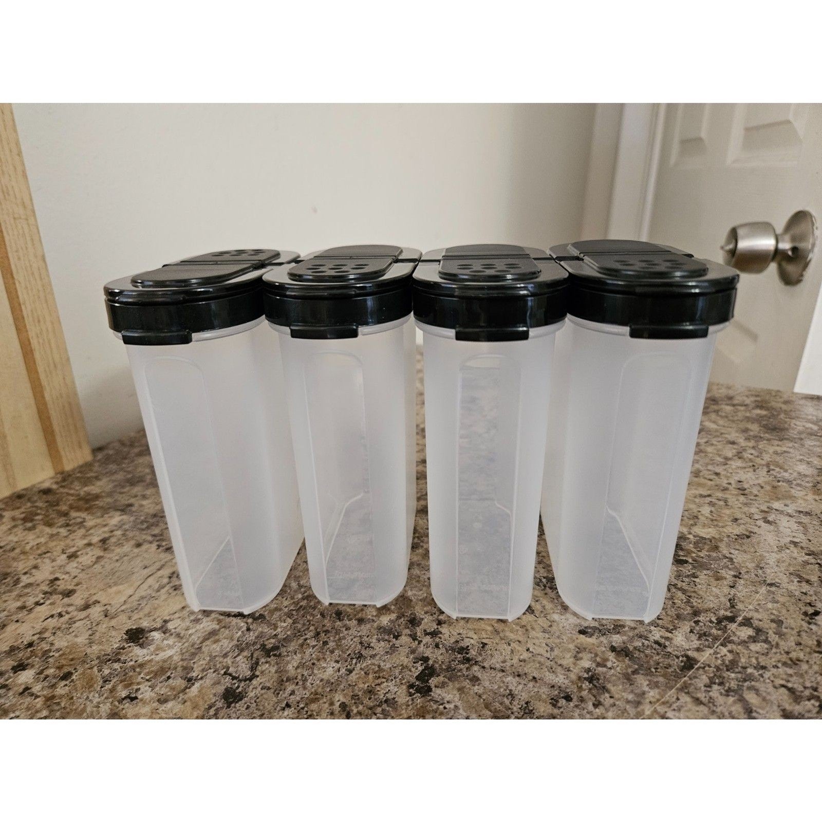 Tupperware Large Spice Shakers Set Of 4 With Black Lids EUC