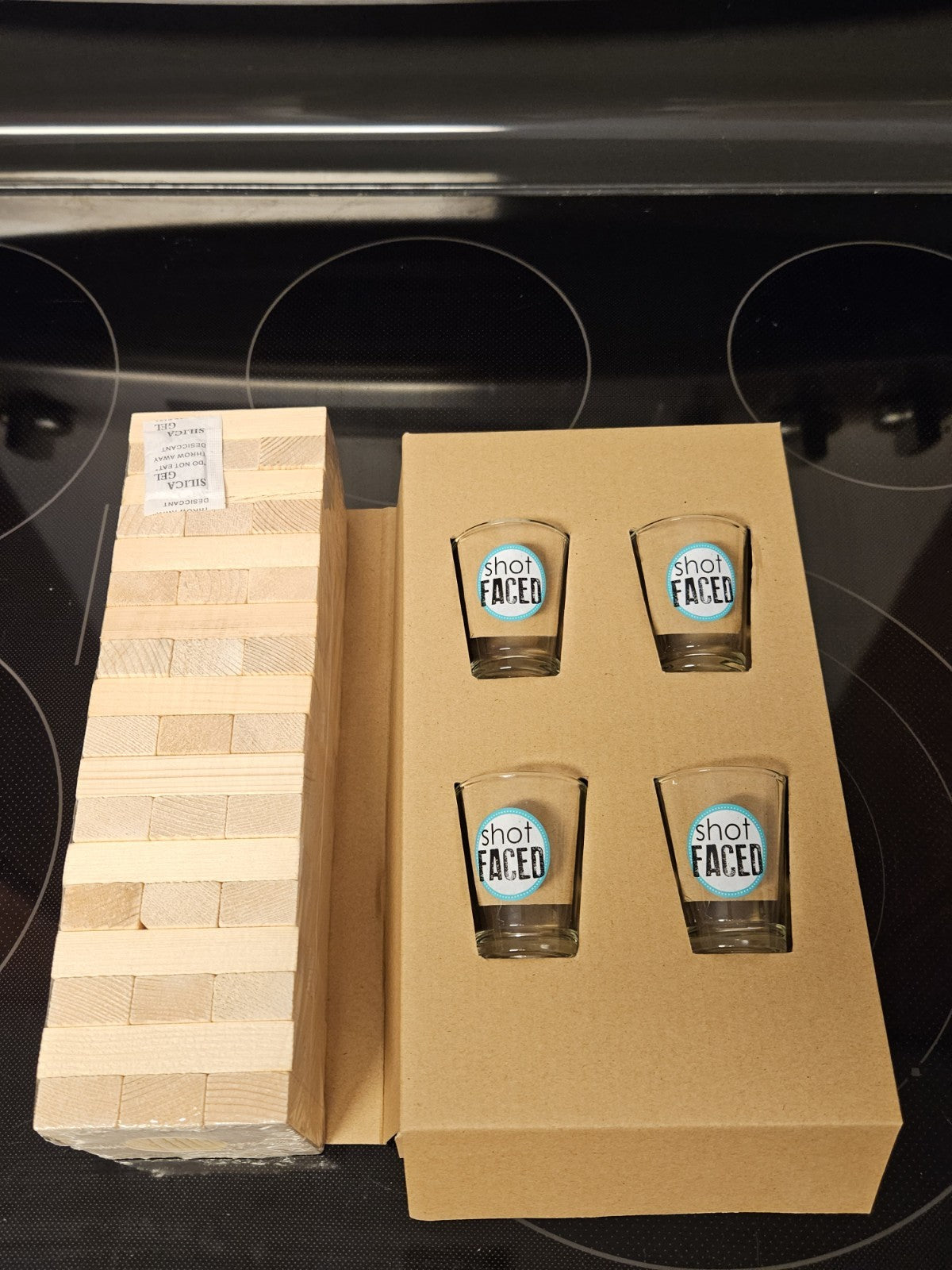Tipsy Tower Drinking Game Set Of 54 Stacking Wooden Blocks & 4 Shot Glasses