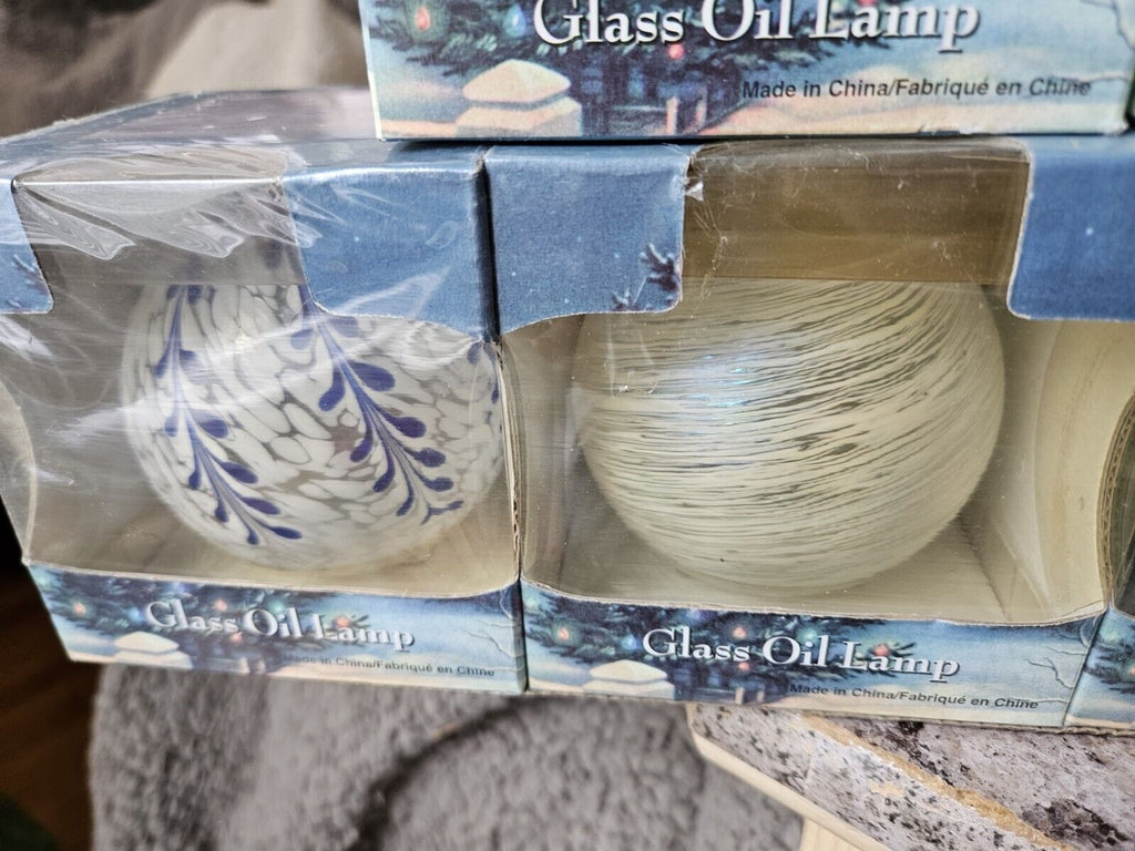 NIB 6 Traditions Hand Blown Glass Oil Lamp Set Round White Blue Green Clear Lot