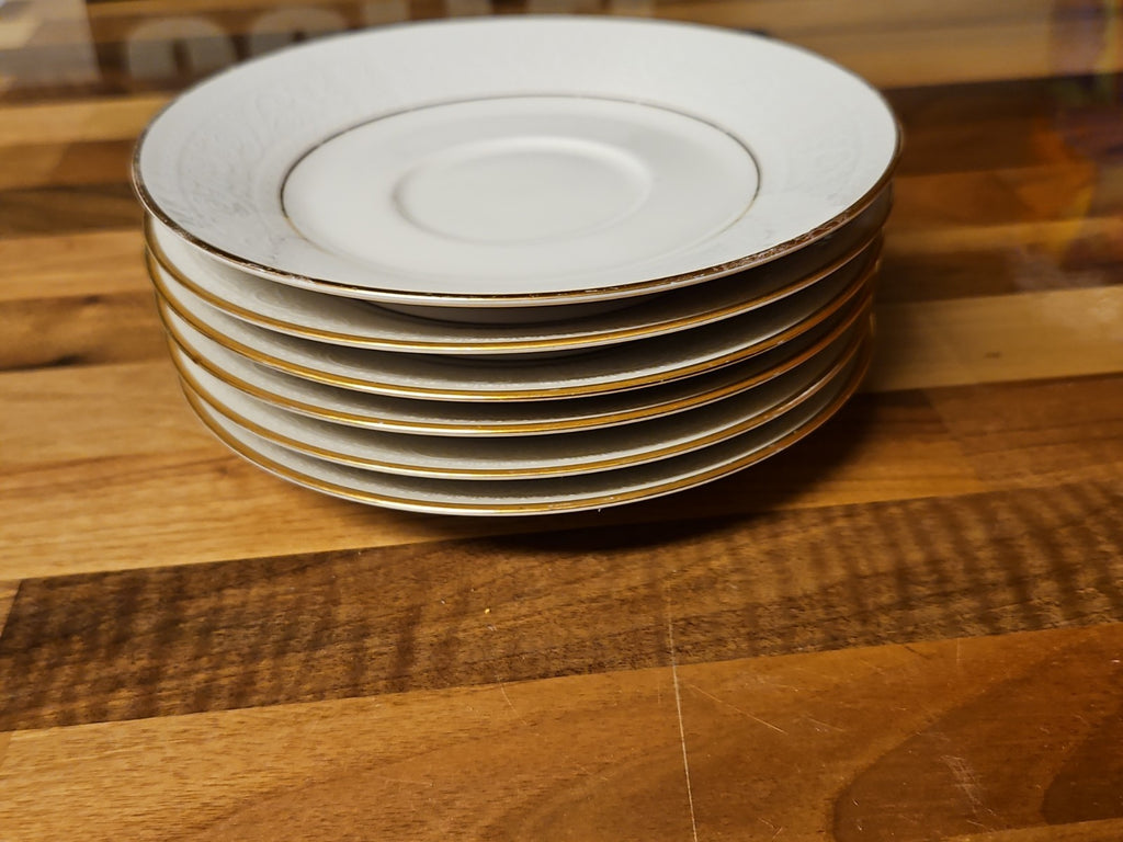 Set of 6 Vintage Noritake Ivory China Tulane 7562 6" Saucers White Scroll Gold