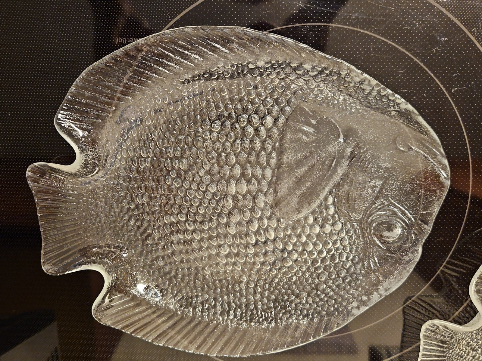 Vintage Arcoroc France “Poisson” Clear Fish Shaped 15.5” Platter W/ 8 10” Plates