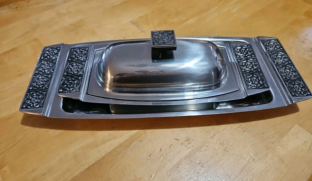 Stanley Roberts Velvet Pattern Stainless Steel Butter Dish & Condiment Platter