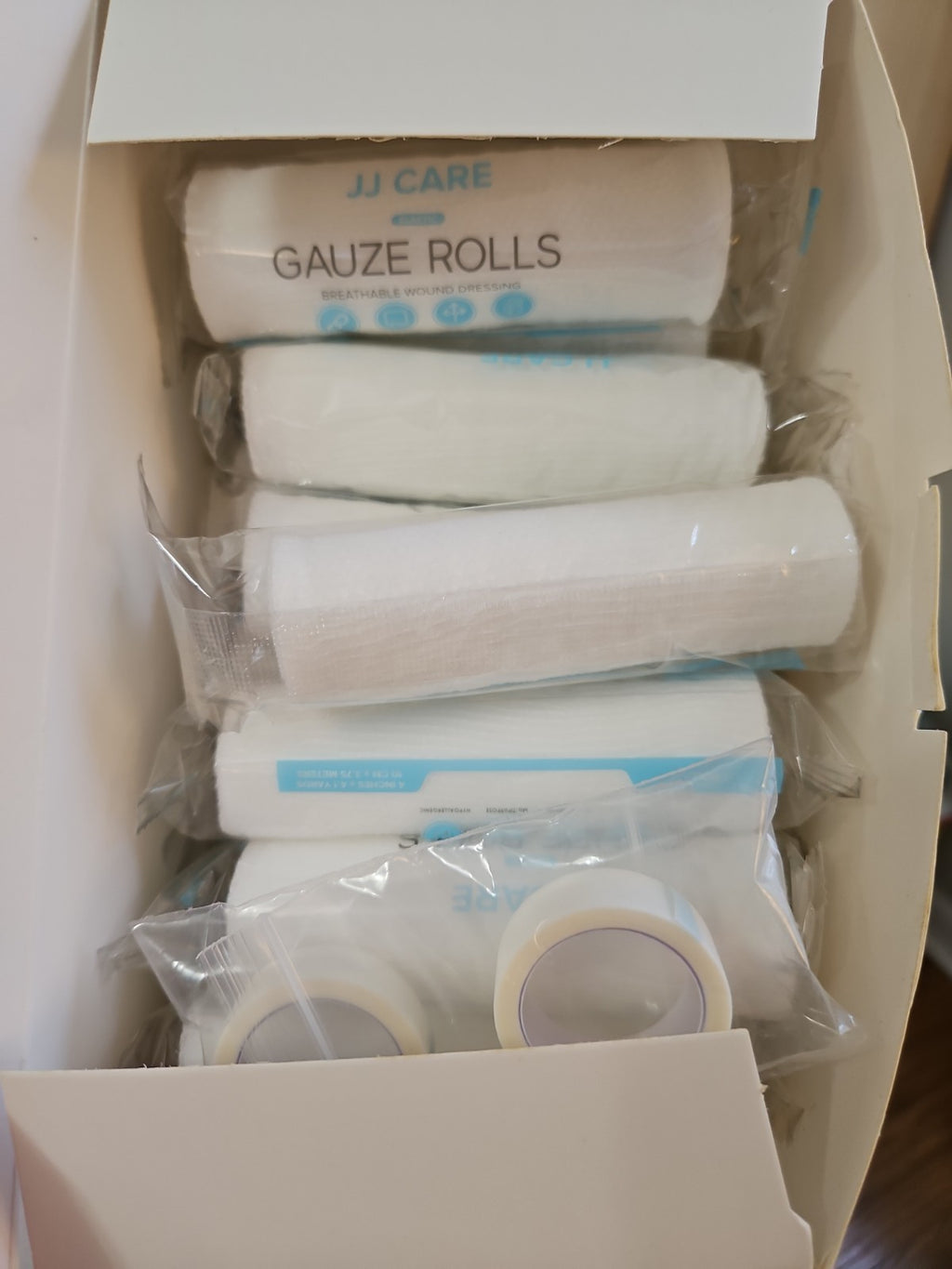 JJ Care Case Of 48 Pack Gauze Rolls 4 in X 4.1 Yd, Individually Wrapped & 2 Tape