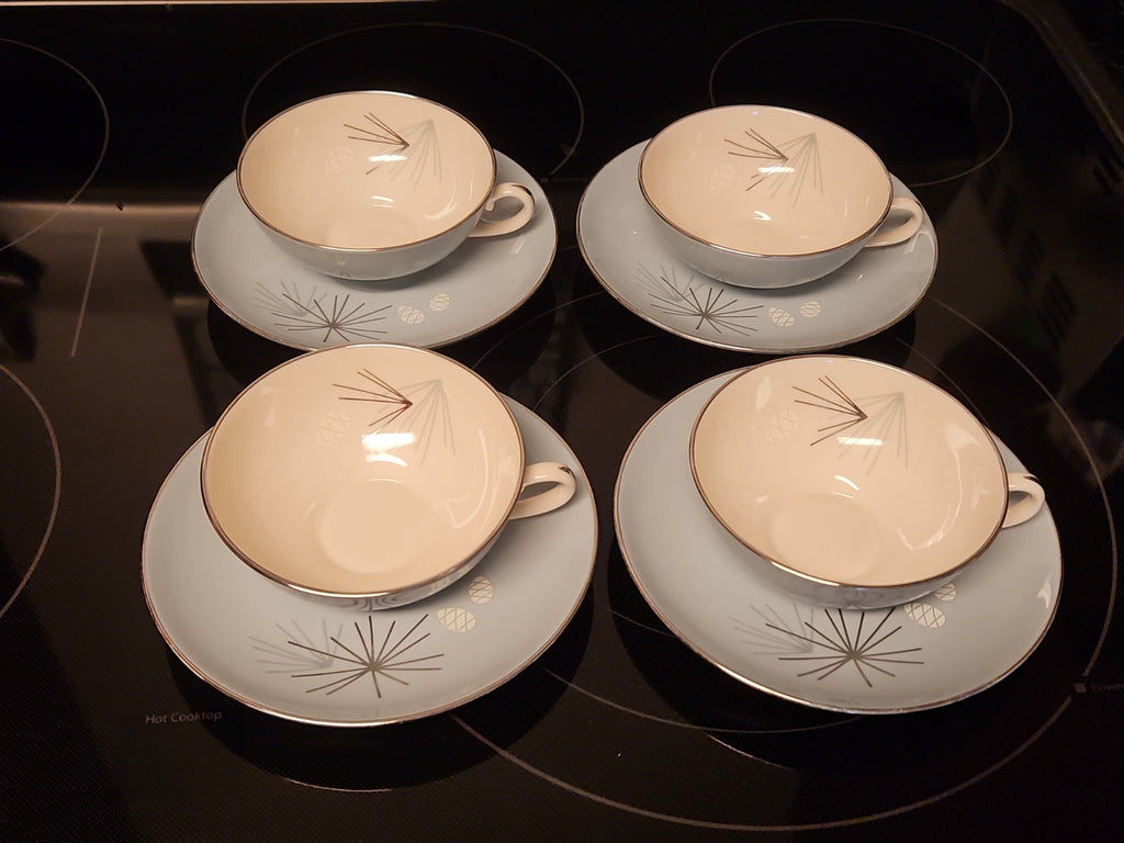 Set Of 4 Vintage MCM Franciscan Silver Pine Tea Cup & Saucer Sets Very Nice