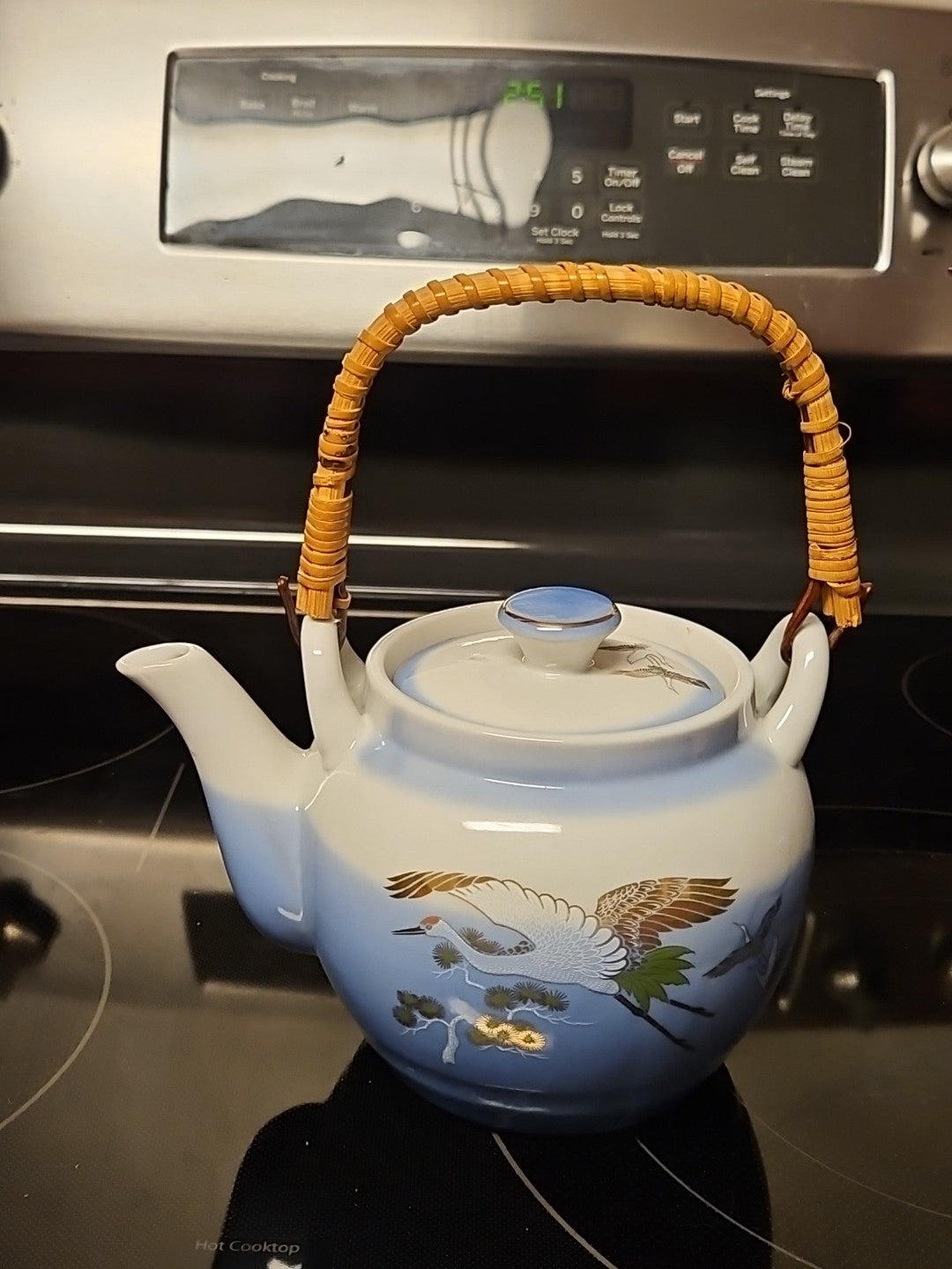 Vintage Blue Porcelain Tea Pot with Straw Handle Japanese Cranes Gold Accent EUC