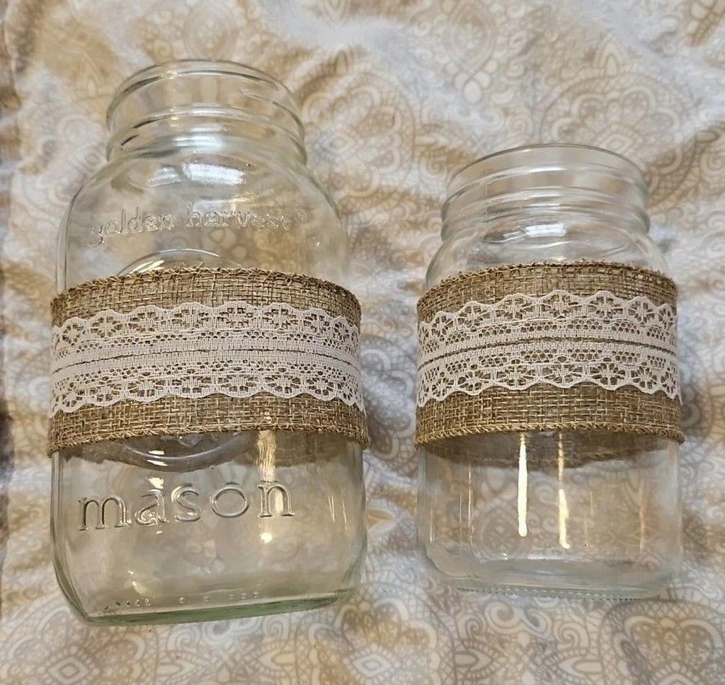 Rustic Country Chic Burlap & Lace Glass Bottle & 2 Mason Jar Decor Set