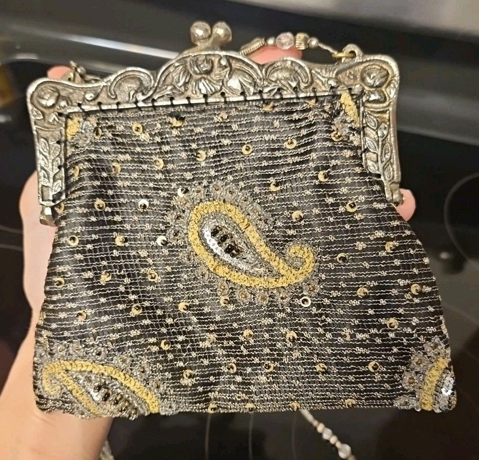 Vintage Christiana Art Nouveau Black Beaded Clutch Purse Silver Floral Detail
